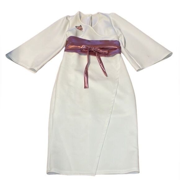 Japanese Dress with OBI Belt, Kimono and OBI Sash, cream, mauve, S/M - Picture 1 of 8